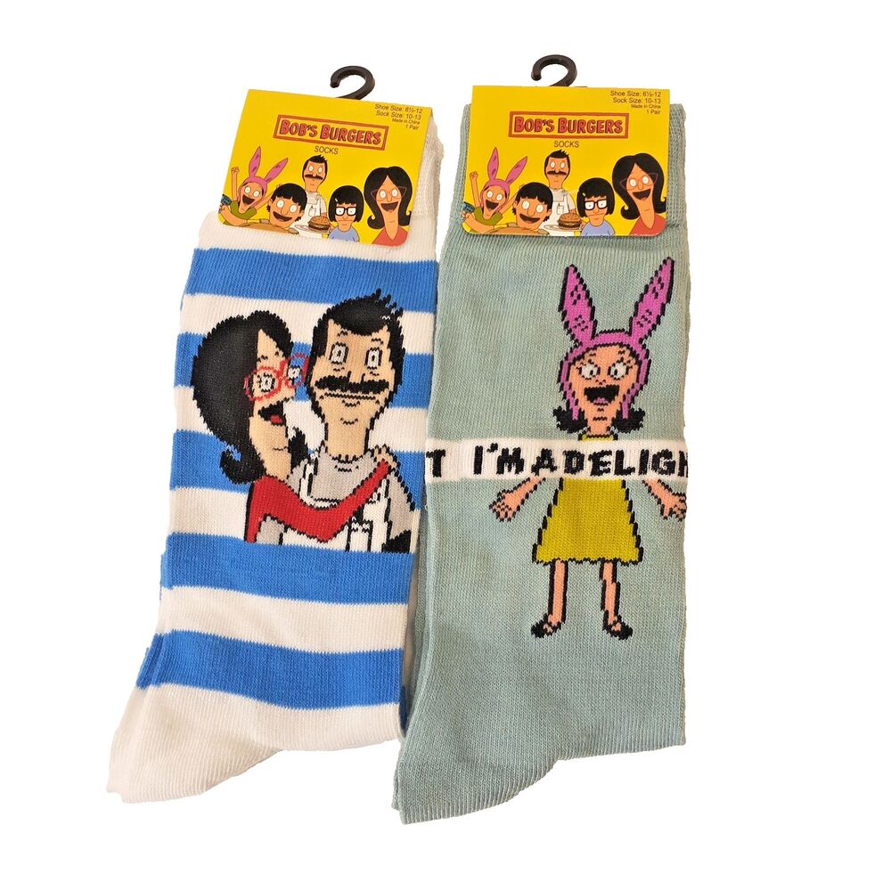 Bobs Burgers Bob Linda Crew Socks Cartoon Novelty Adult Men's Size 6-12 2-Pair